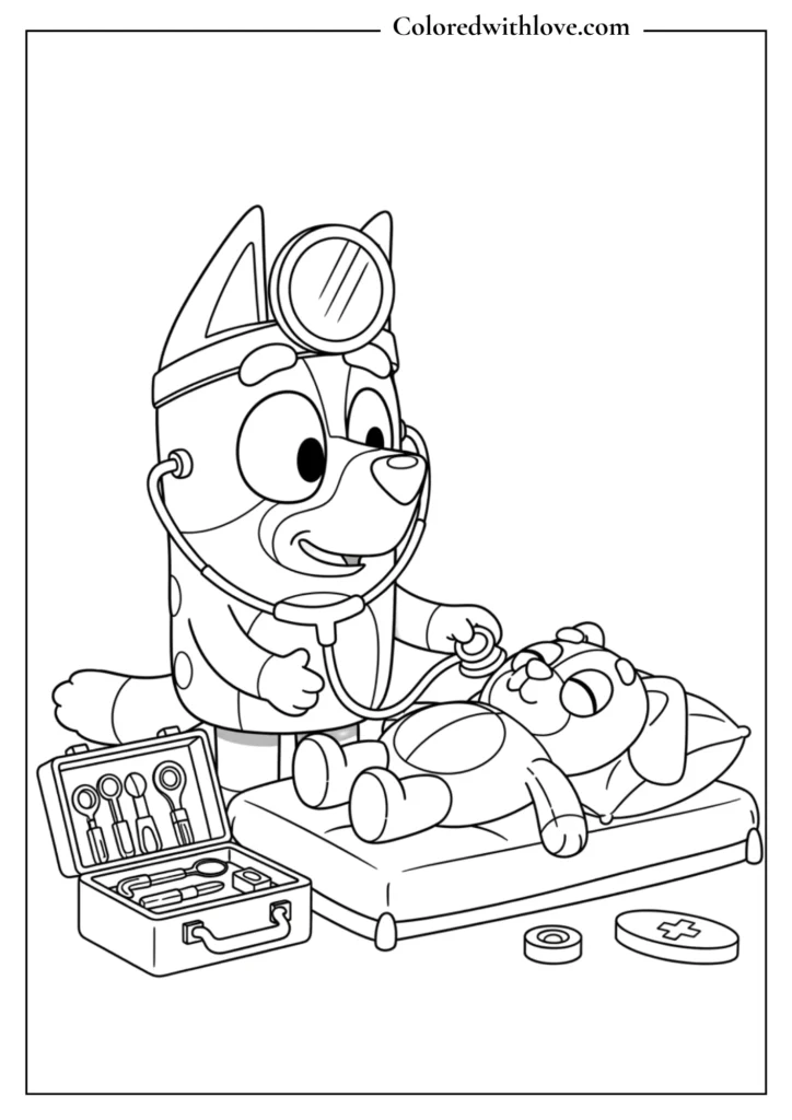 Bluey Playing Doctor Game Coloring Page