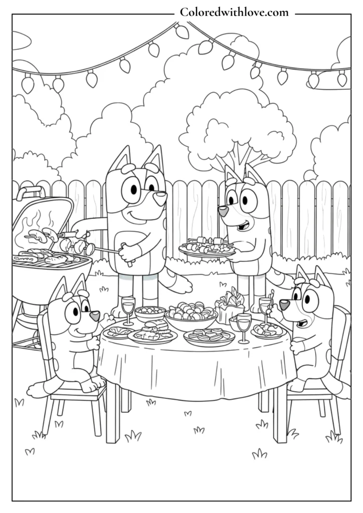  Bluey's family enjoying a backyard barbecue with a grill, table full of food, and string lights coloring page