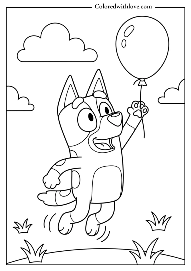 Bluey jumping and playing with a balloon coloring page