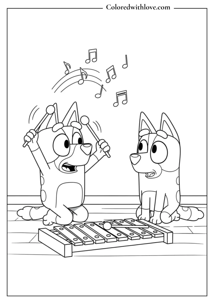 BLUEY and Bingo playing a magic xylophone musical game coloring page