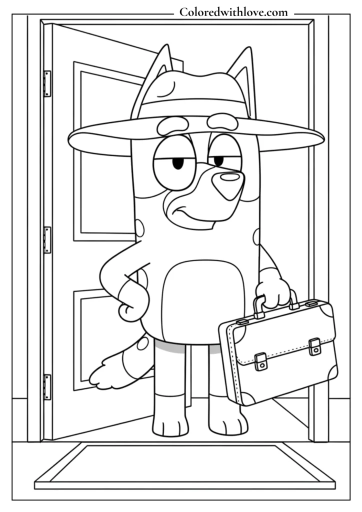 Bluey dressed as a grown-up holding a suitcase coloring page