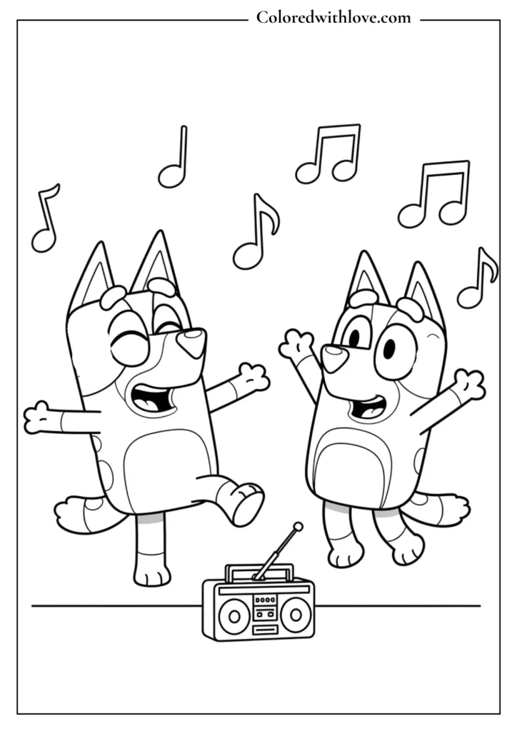 BLUEY dancing happily in an energetic coloring page