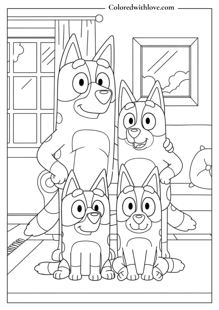 Bluey's family posing together indoors in a family portrait coloring page