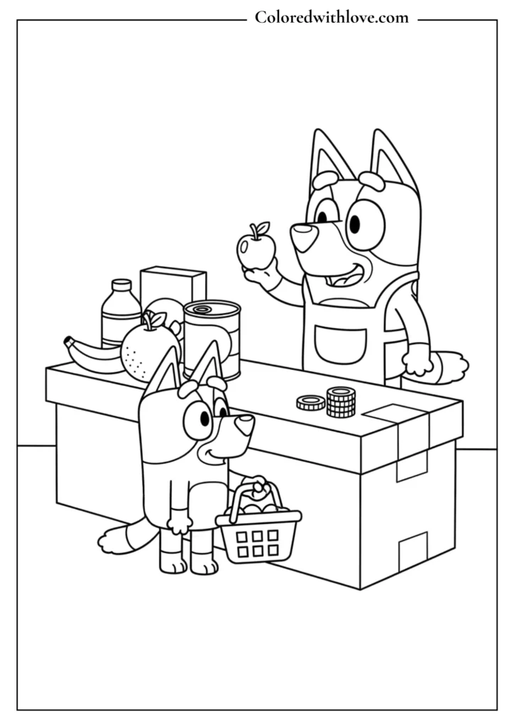 Blueyand Bingo Playing Shop Coloring Page