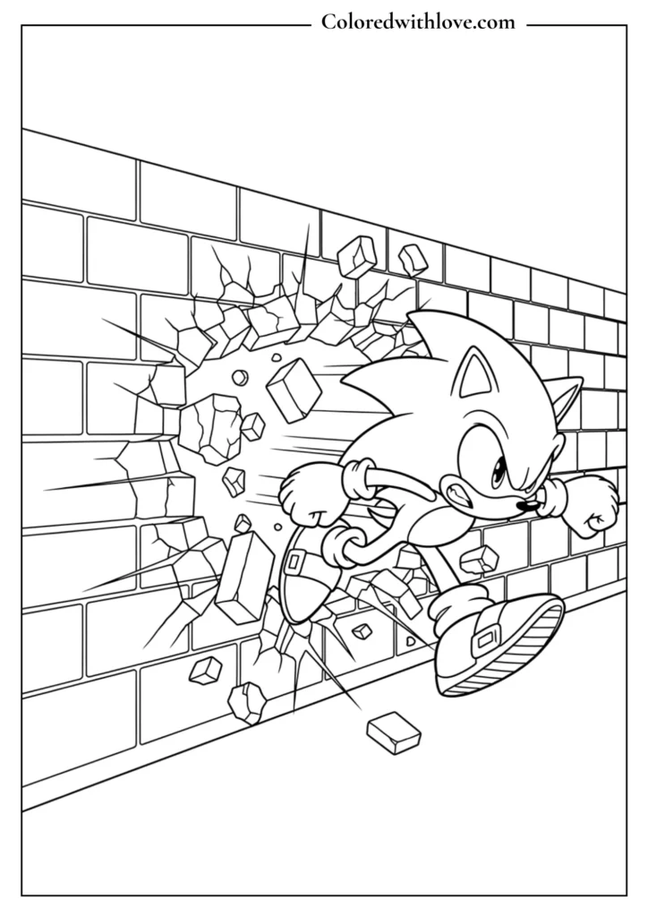 Sonic breaking through a brick wall coloring page