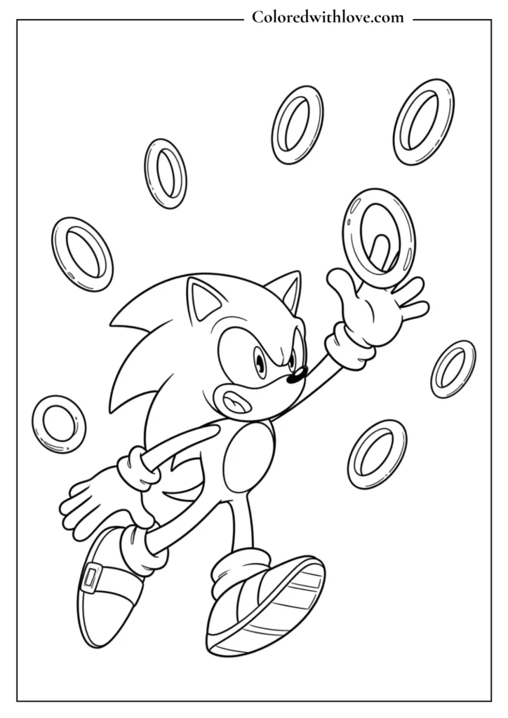 Sonic collecting golden rings in mid-air coloring page