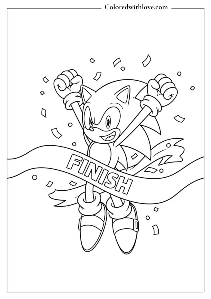 Sonic celebrating at the finish line coloring page