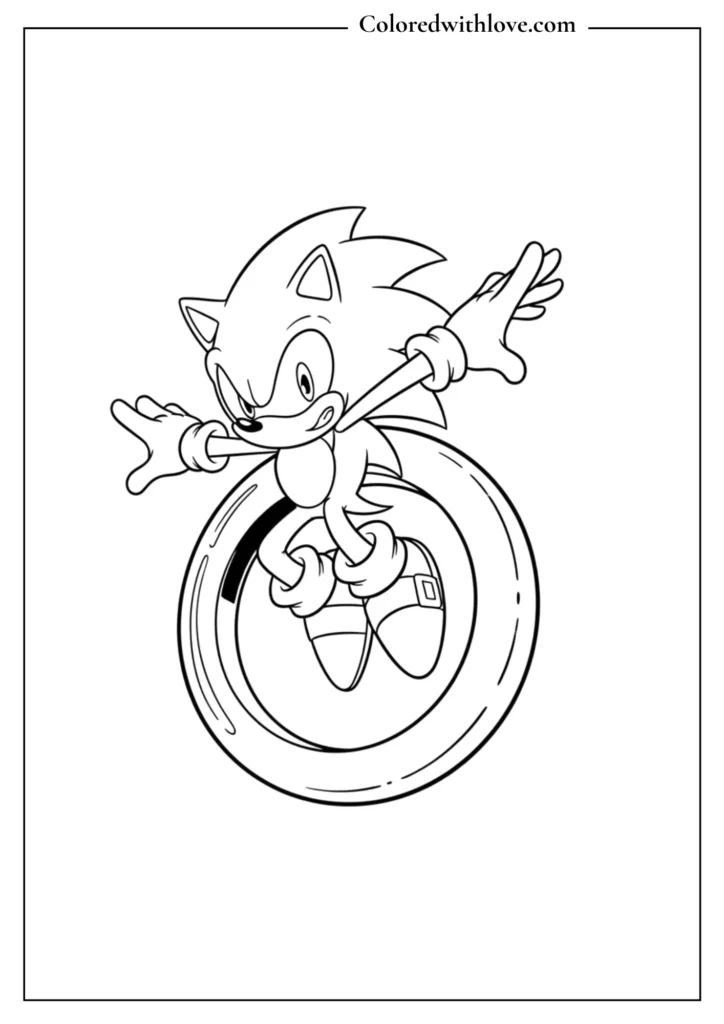 Sonic jumping through a ring in mid-air coloring page