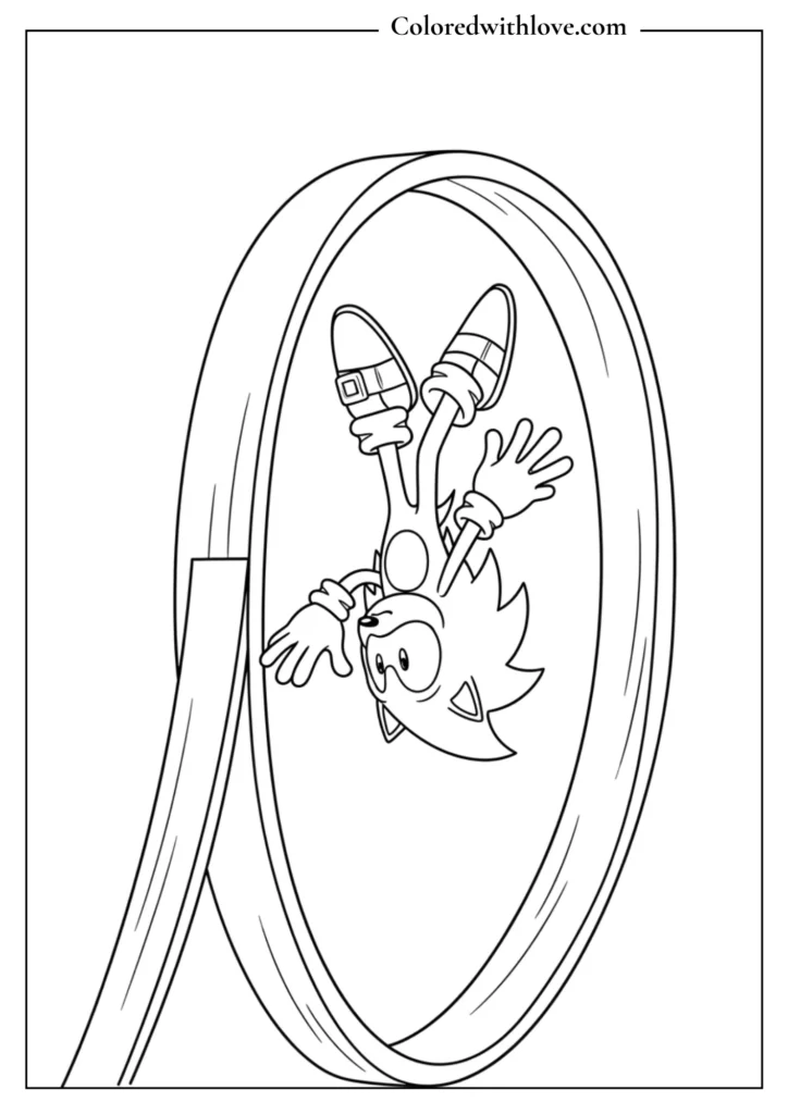 Sonic running upside down through a loop-de-loop coloring page