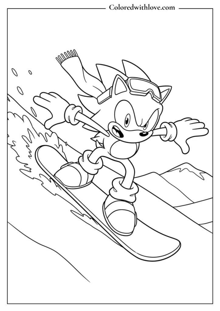 Sonic snowboarding down a mountain coloring page