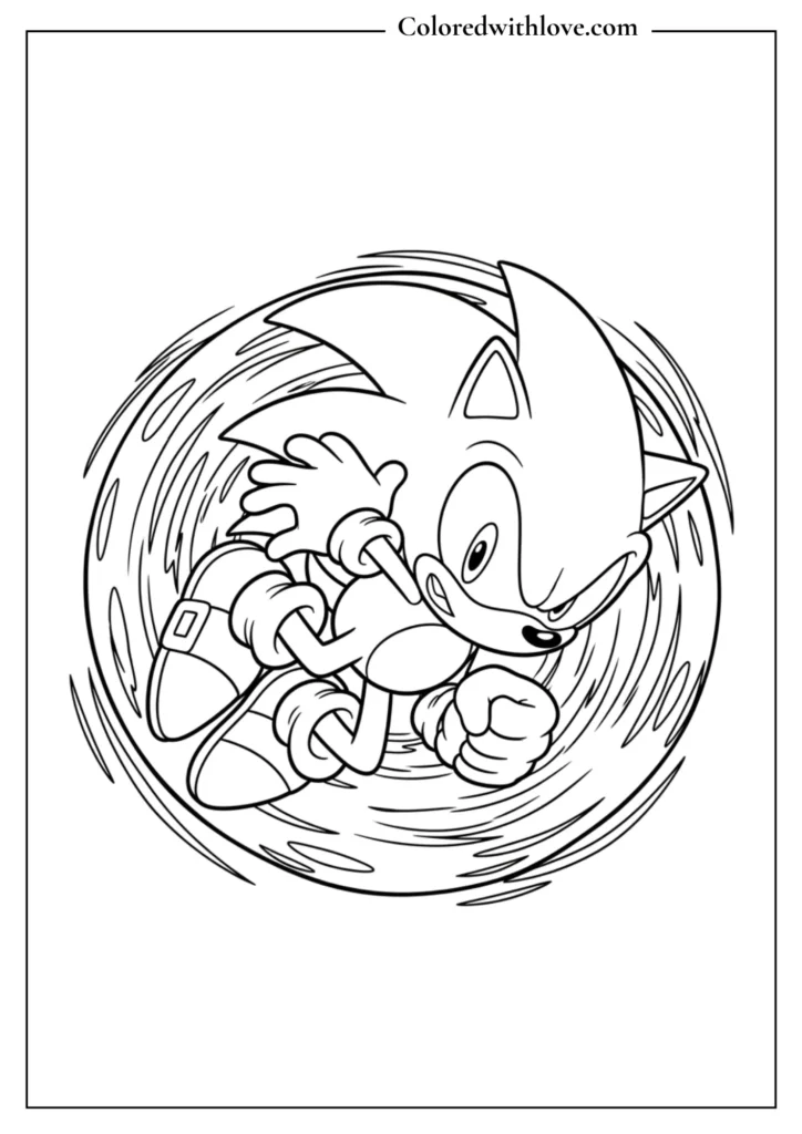 Sonic performing a spin dash attack coloring page