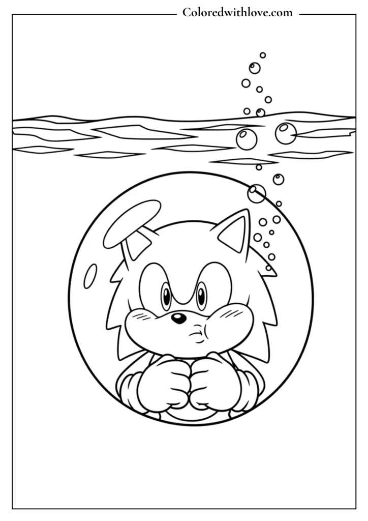 Sonic underwater inside a bubble holding his breath coloring page