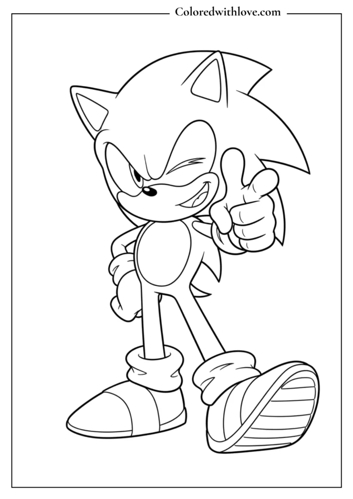 Sonic standing in a victory pose pointing forward coloring page