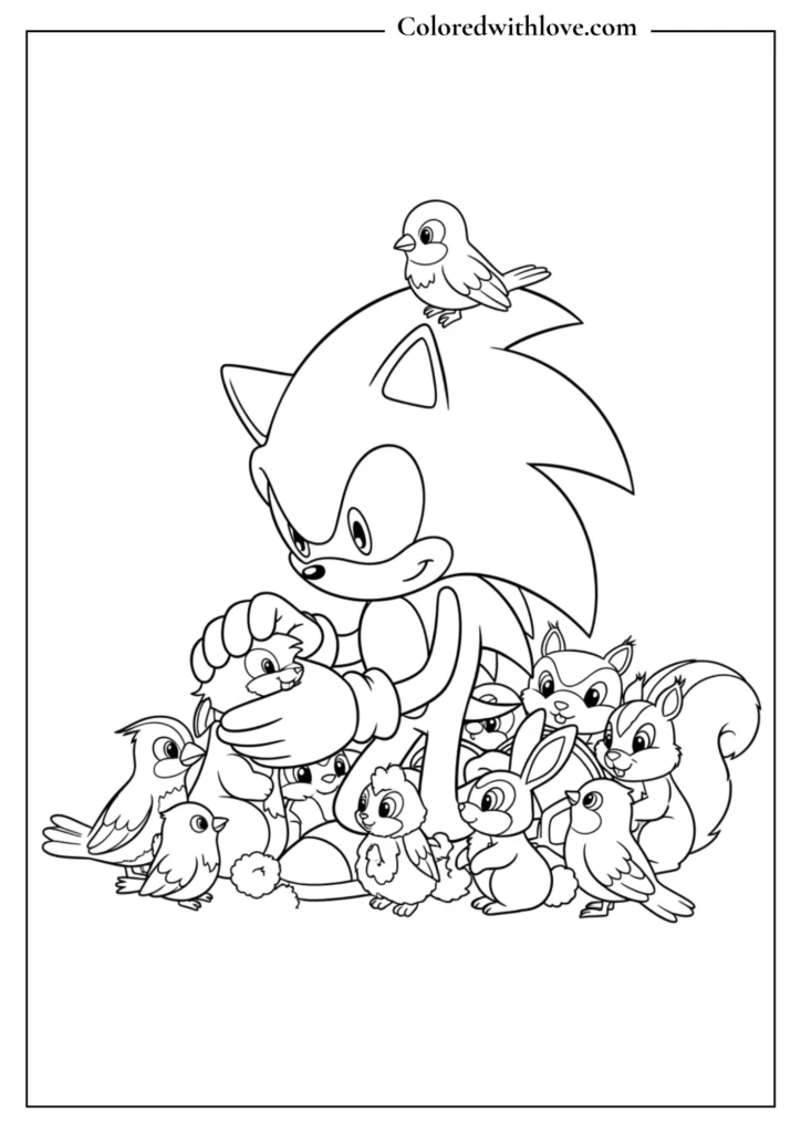Sonic surrounded by small animals coloring page