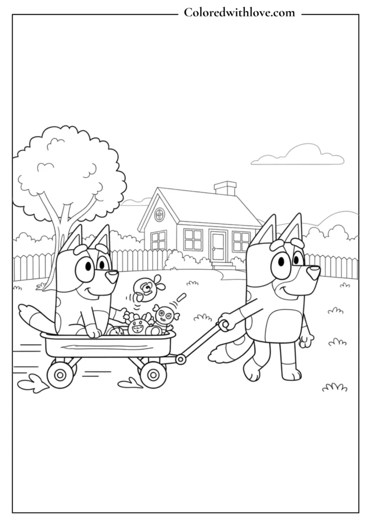 Bluey riding on a wagon with Bingo coloring page