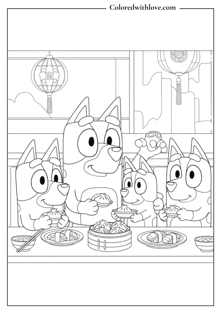 Family Dinner at a Chinese Restaurant Coloring Page