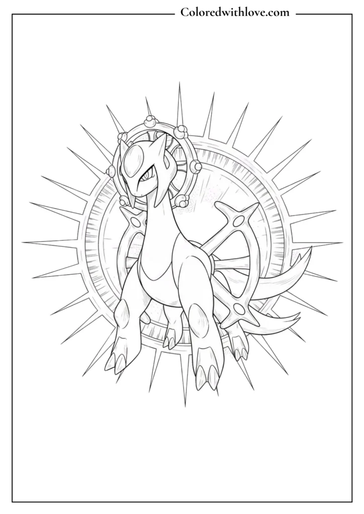 Arceus coloring page - god Pokémon in ring of light with detailed wheel, divine printable
