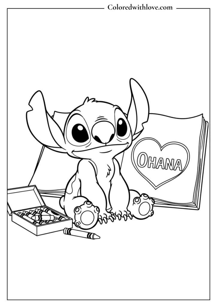 stitch coloring page showing Stitch sitting with crayons and an open book with Ohana text