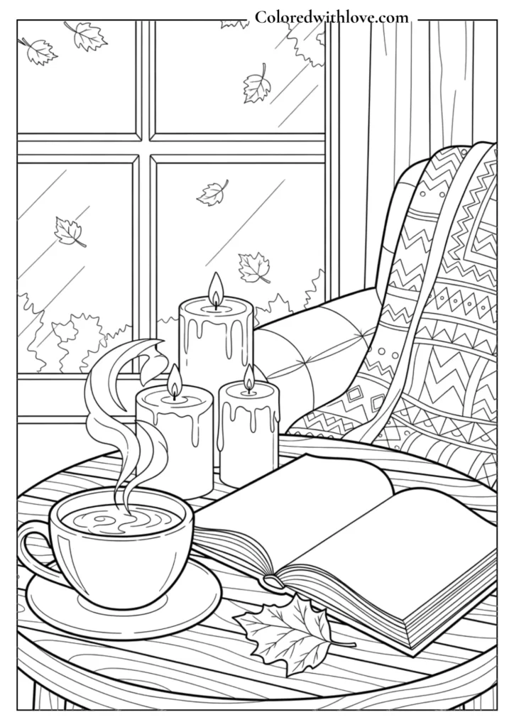 Aesthetic fall flat lay coloring page with a latte, open book, and scarf.