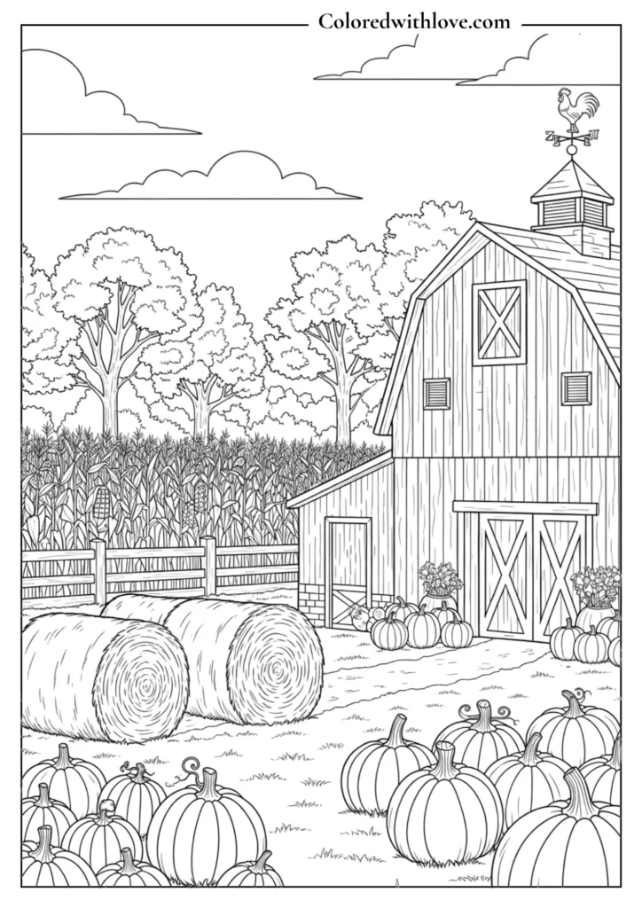 fall farm coloring page with barn, hay bales, pumpkins, cornfields, and trees