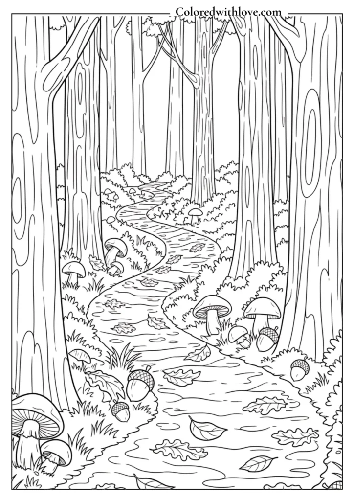 autumn forest coloring page with a winding path, tall trees, fallen leaves, mushrooms, and acorns