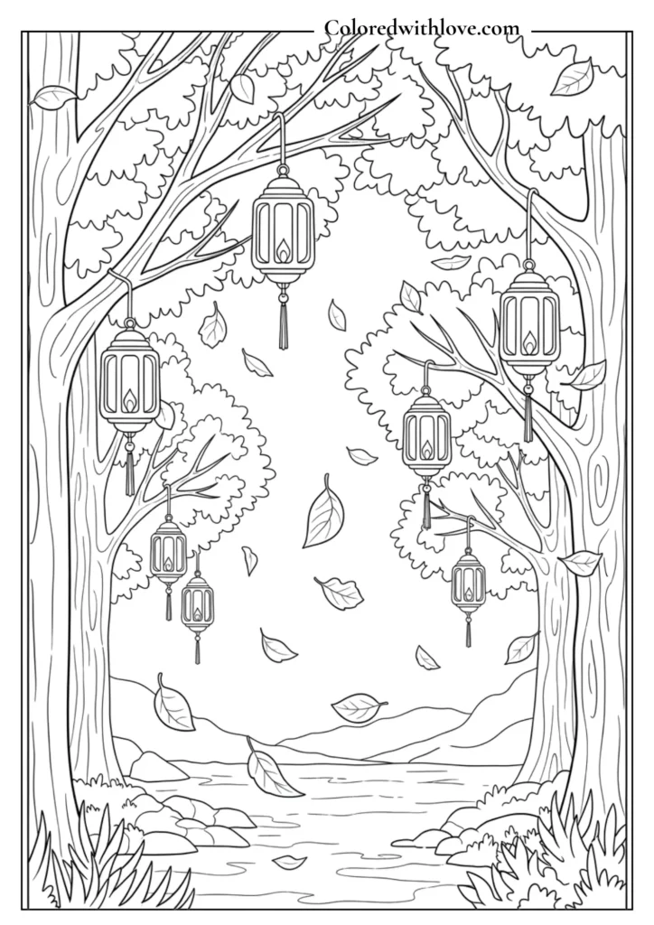 autumn night coloring page with lanterns hanging from trees and falling leaves