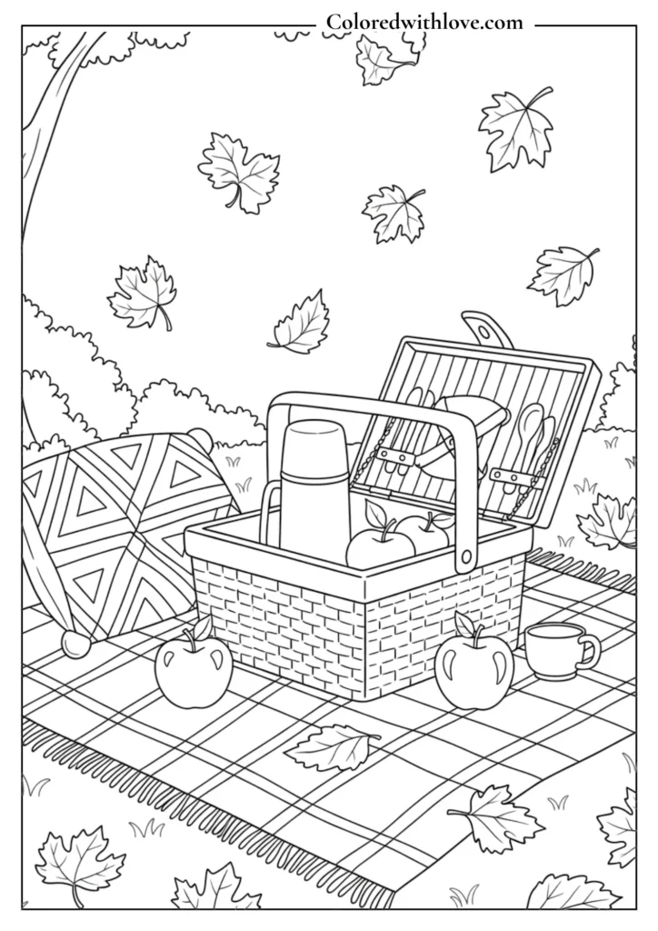 Picnic blanket spread with apples and pie under a fall tree