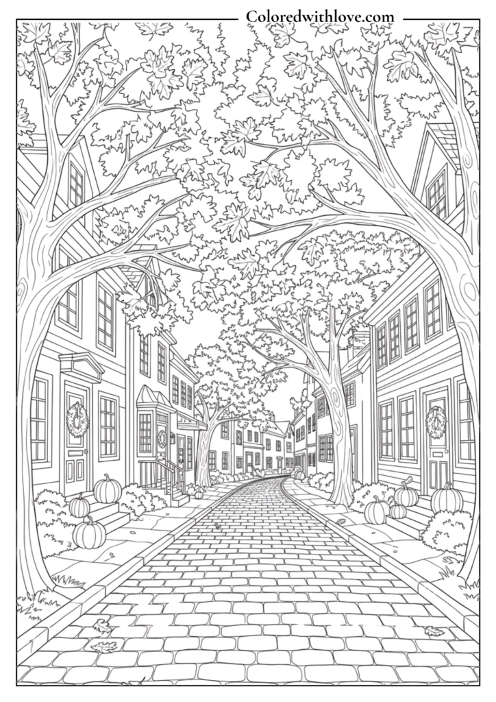 Cobblestone street scene with trees shedding leaves in a quaint town.