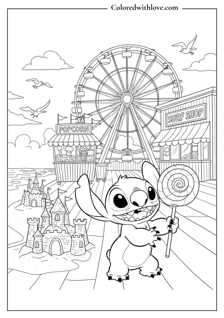 stitch coloring page at a beach boardwalk with ferris wheel popcorn stand and sandcastle