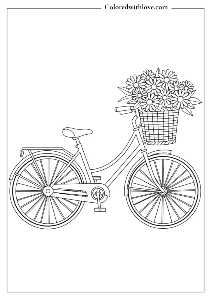Line art coloring page of a classic bicycle with a front basket filled with flowers.