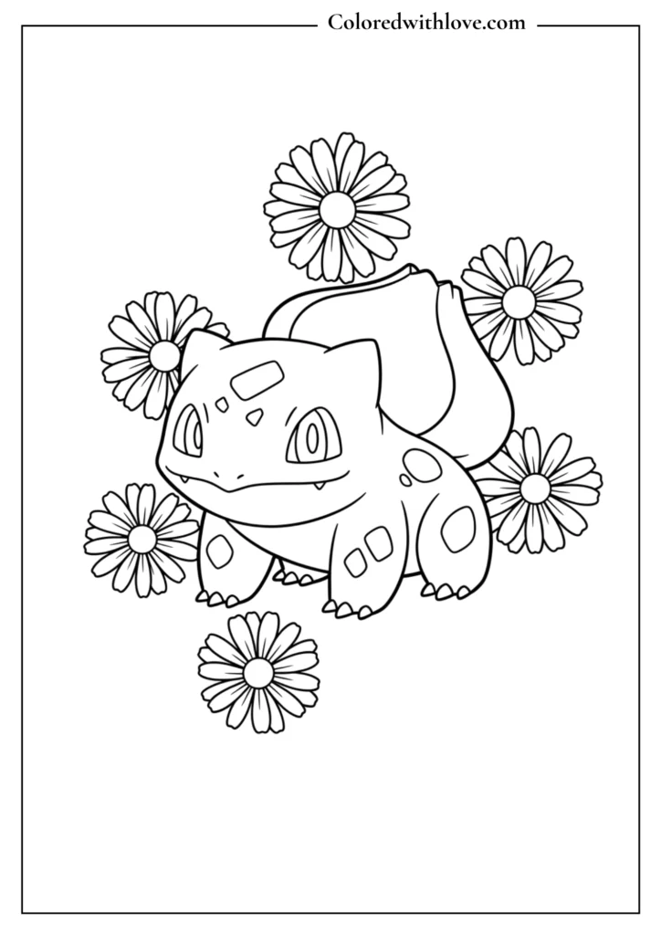 Bulbasaur coloring sheet - cute Bulbasaur surrounded by daisy flowers, nature themed printable
