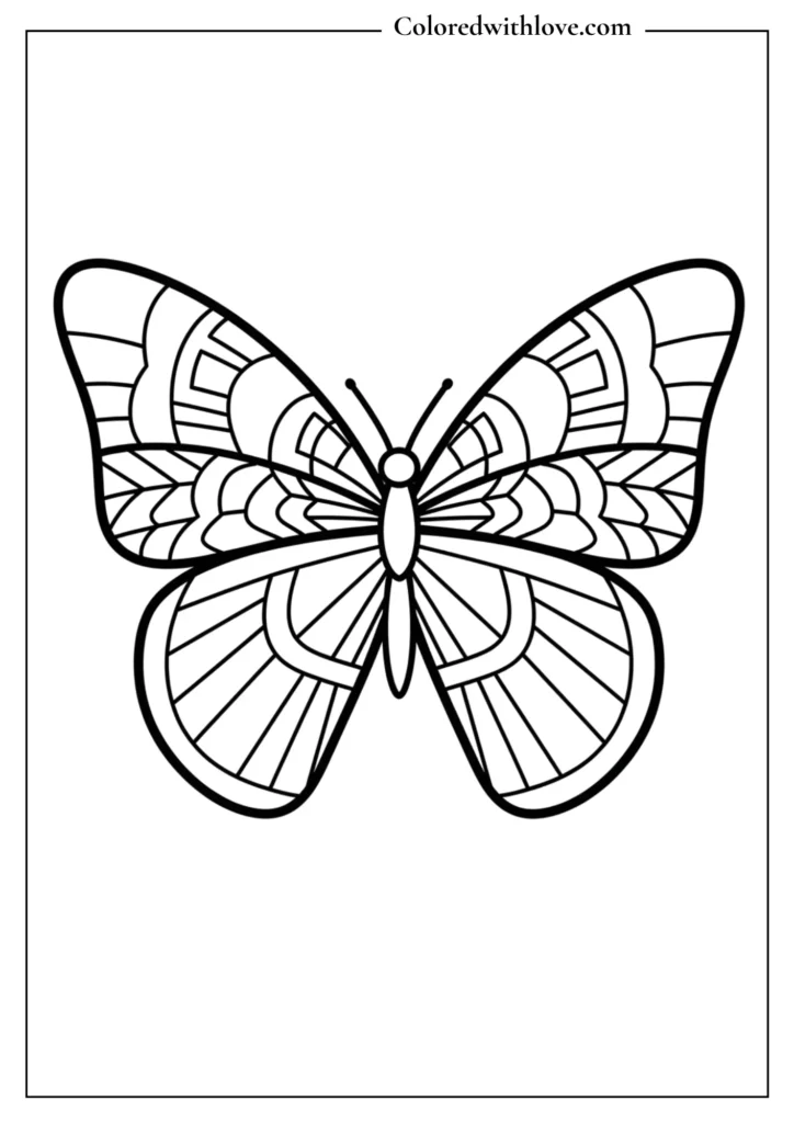 Black and white coloring page of a detailed symmetrical butterfly with patterned wings.