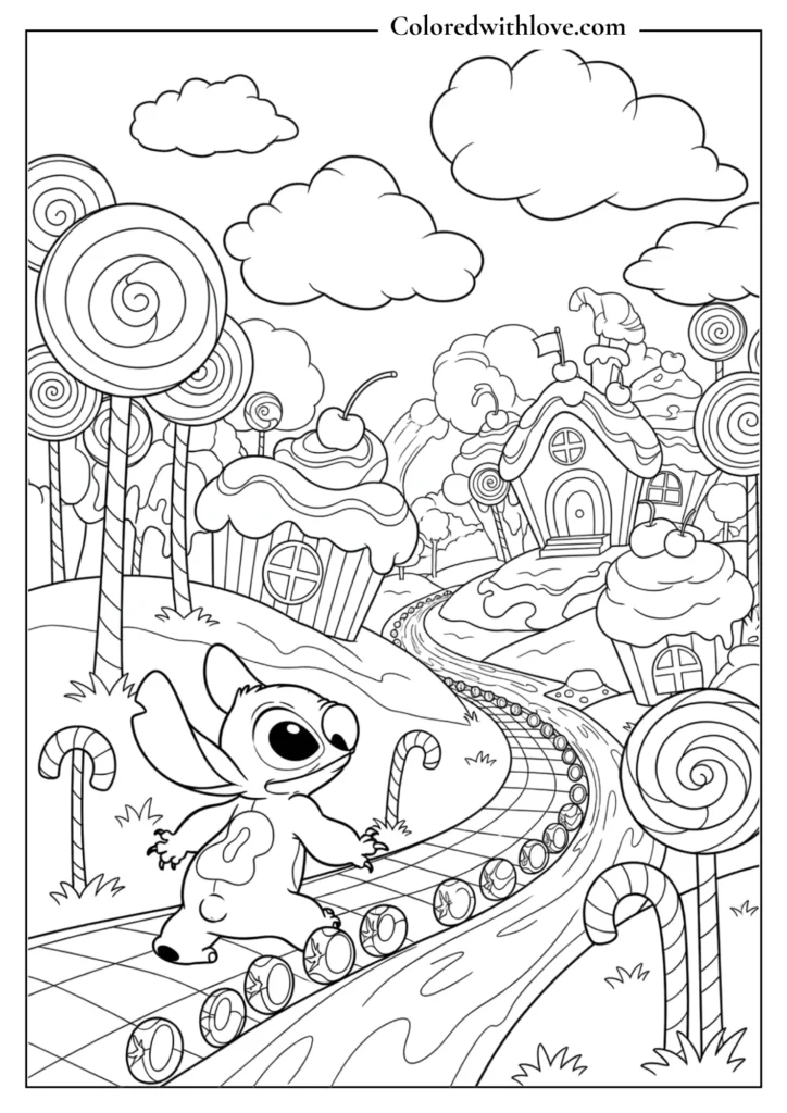 stitch coloring page in a candy land scene with cupcakes lollipops and candy houses