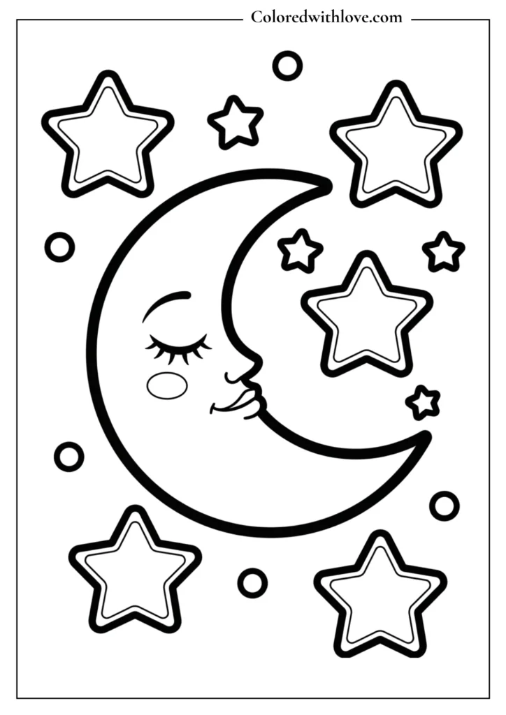 Line art coloring page of a smiling crescent moon surrounded by stars and circles in a celestial theme.