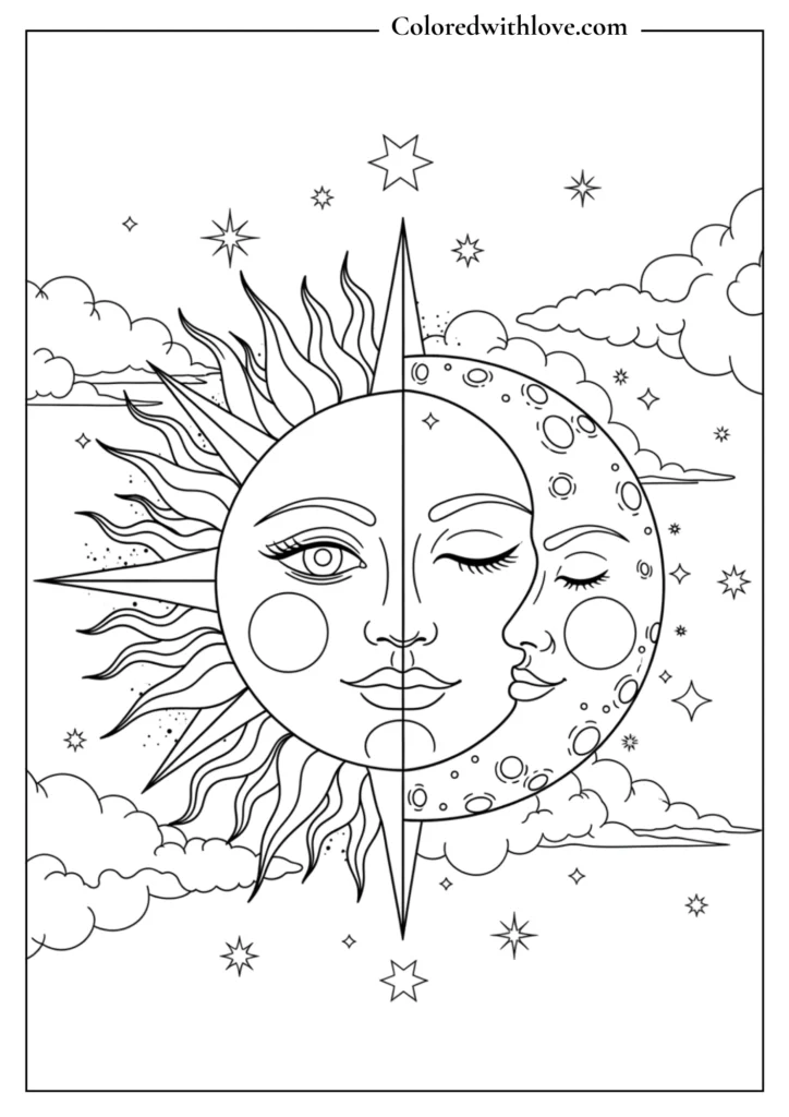 Celestial sun and moon tarot style coloring page with stars, clouds, and zodiac symbols.