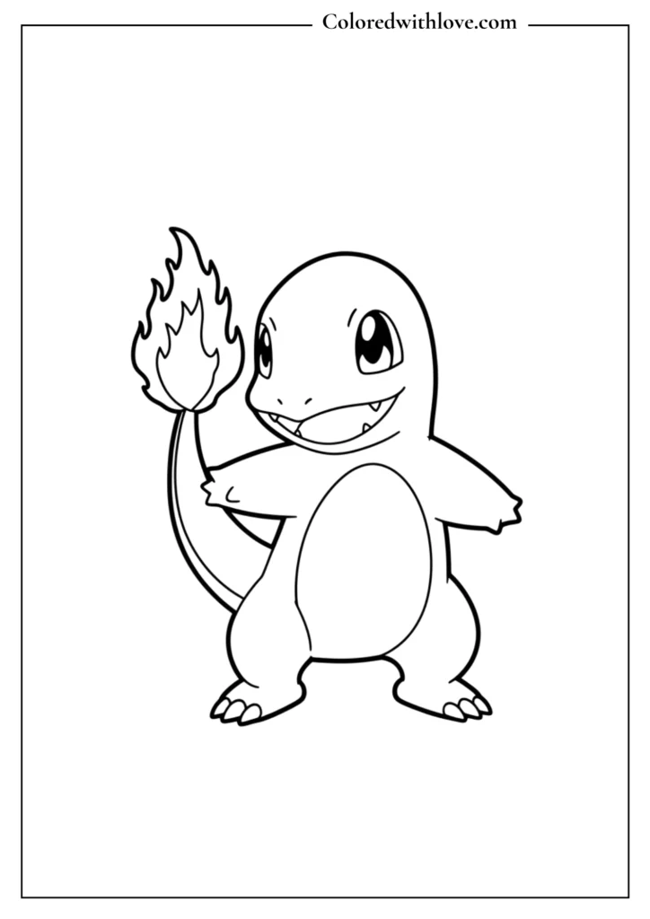 Charmander coloring page - adorable Charmander with tail flame, free Pokémon printable for children
