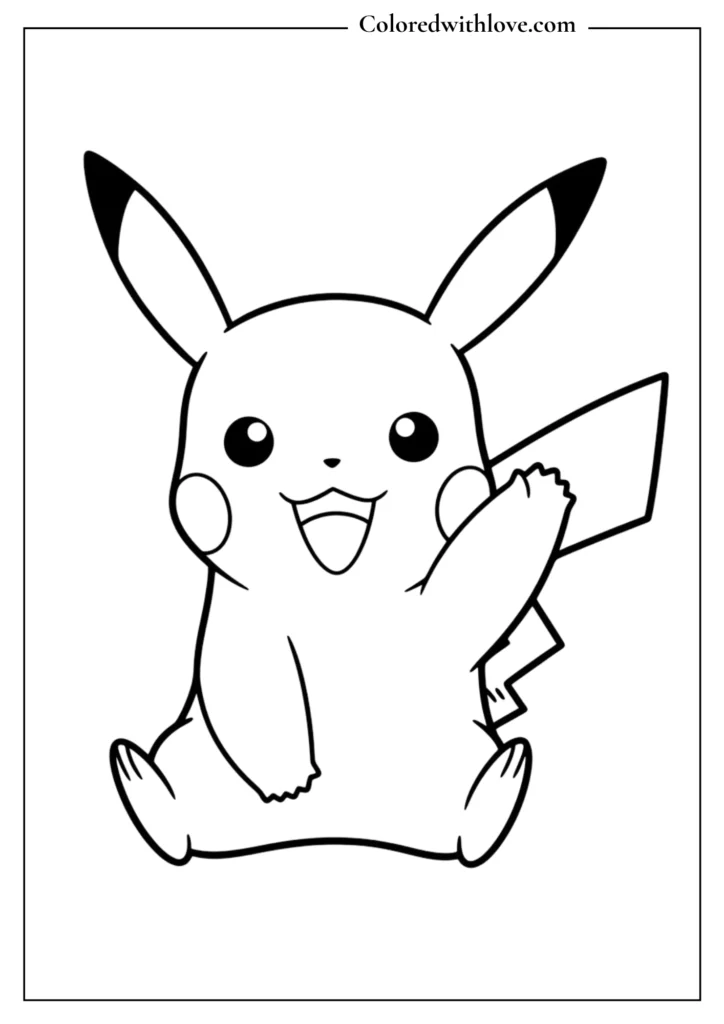 Free printable Pikachu coloring page for kids - cute Pikachu sitting and waving with simple outlines