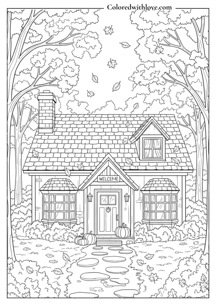 Detailed coloring page of a stone cottage surrounded by falling autumn leaves.