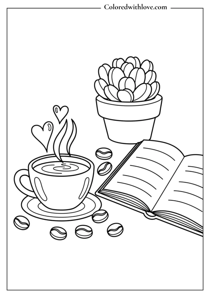 Line art coloring page of a cozy coffee cup with steam, coffee beans, an open book, and a potted plant.