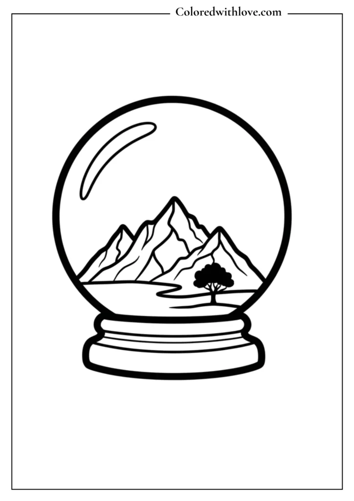 Black and white coloring page of a crystal ball showing mountains and a tree inside a magical sphere.