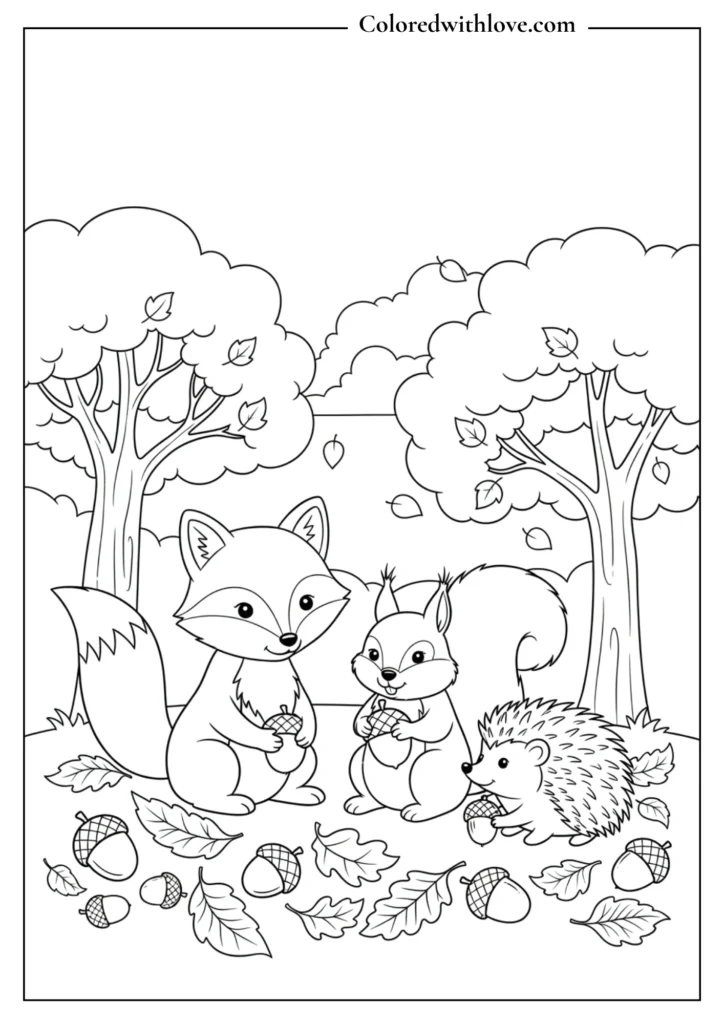Fox, squirrel, and raccoon sitting together with acorns.