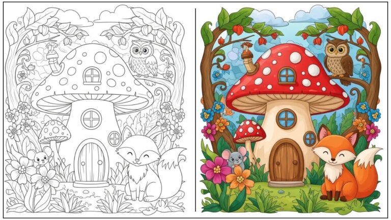 Aesthetic coloring page featuring a cute mushroom cottage surrounded by flowers and woodland animals, shown in black and white line art and a fully colored version