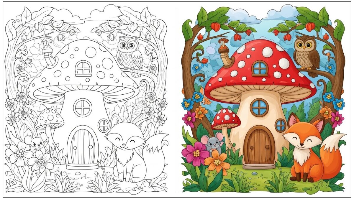 Aesthetic coloring page featuring a cute mushroom cottage surrounded by flowers and woodland animals, shown in black and white line art and a fully colored version