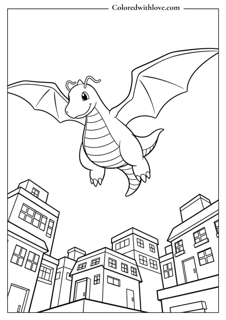 Dragonite coloring sheet - friendly dragon Pokémon flying over town, perspective view printable