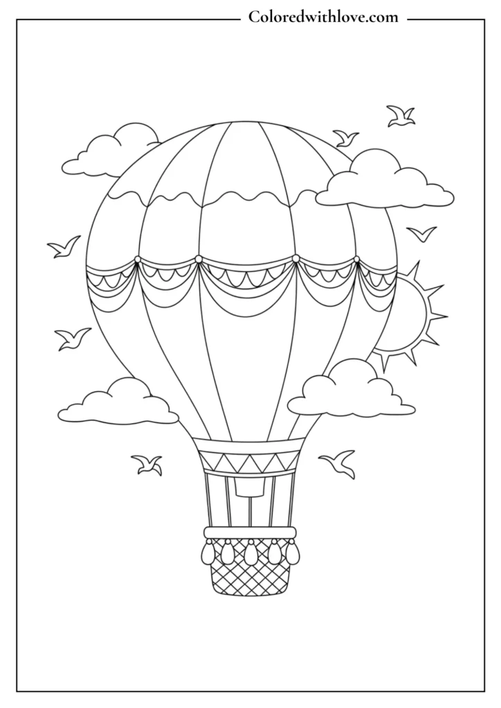 Printable coloring page of a hot air balloon floating among clouds, birds, and the sun.