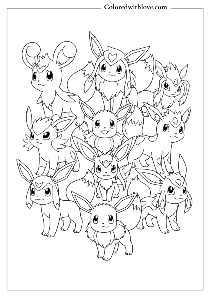 All Eeveelutions coloring page - complete group of Eevee evolutions together, poster-style printable