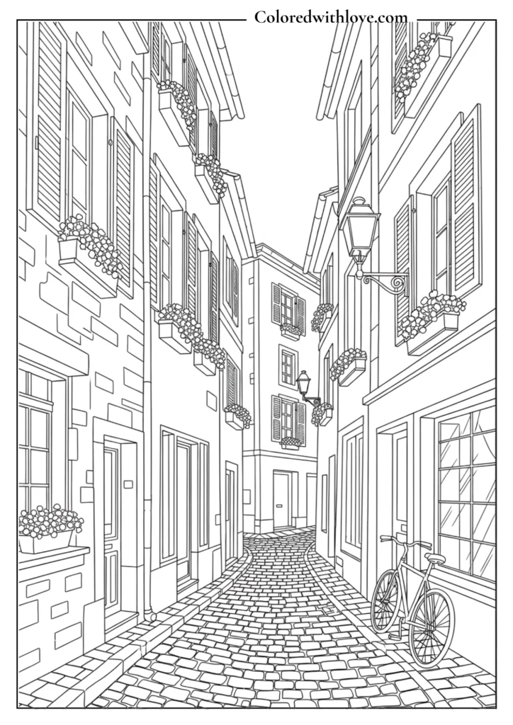 European cobblestone street scene coloring page with bicycle, shutters, and flower boxes.