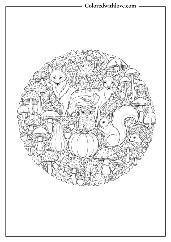 fall animals mandala coloring page with woodland animals, pumpkins, leaves, and mushrooms
