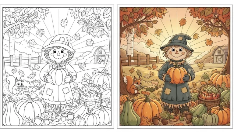 Printable autumn scarecrow coloring page featuring a scarecrow holding a pumpkin, a squirrel, and a basket of apples.