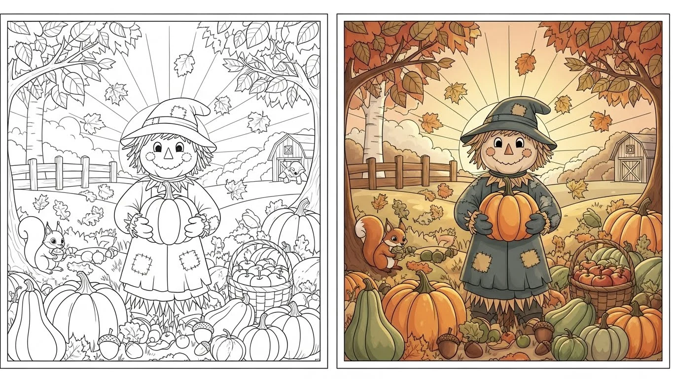 Printable autumn scarecrow coloring page featuring a scarecrow holding a pumpkin, a squirrel, and a basket of apples.